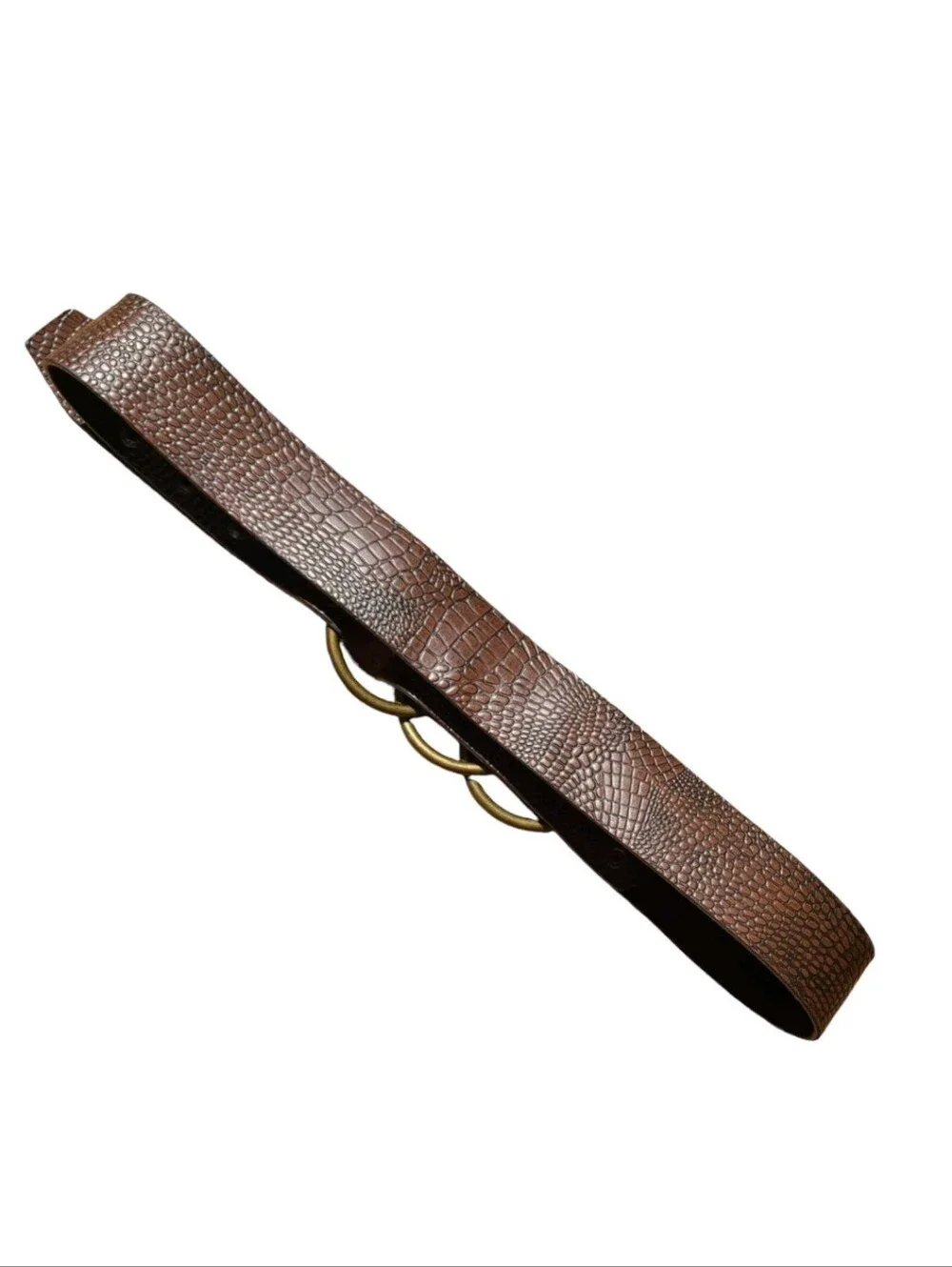 Womens Triple Ring Waist Belt Brown Alligator Embossed Snaps Modern Y2K Small